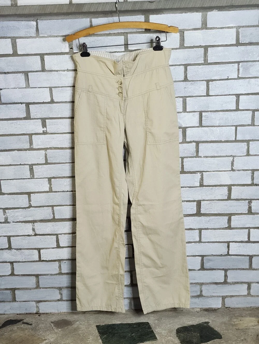 • Michael Kors Women's High-Rise Straight Leg Pants Sz 6 Khaki Beige 100% Cotton